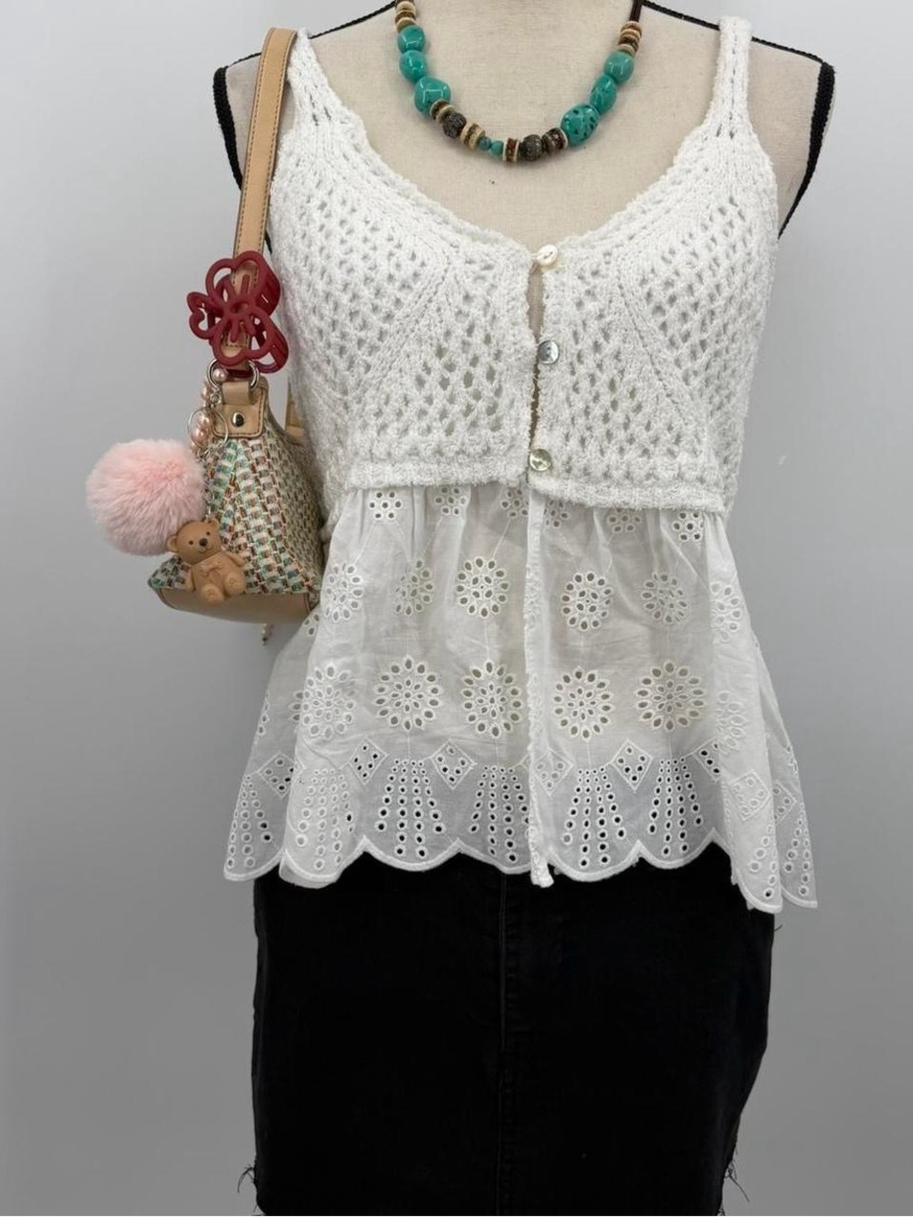 Women’s White Crochet & Eyelet Tank Top 100% cotton boho coastal cowgirl